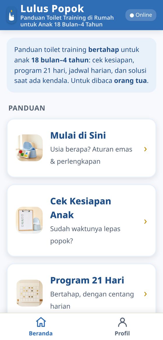Tangkapan layar aplikasi Lulus Popok